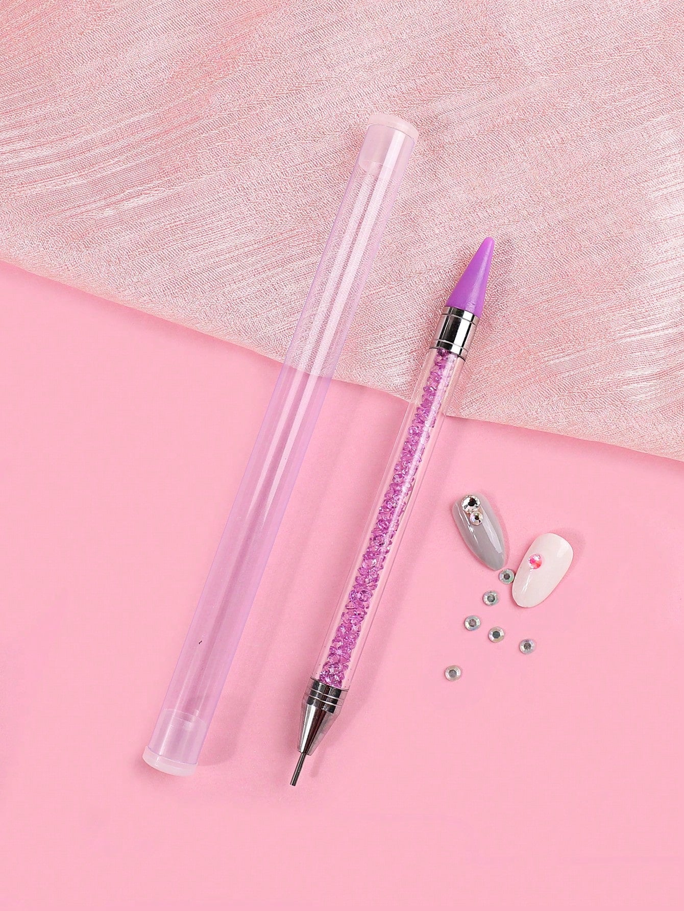 1Pc Nail Art Rhinestone Picker Wax Pen With Self-Adhesive & Dual Heads For Diy Jewelry Making, Purple Dotting Pen Tool Nail Art Tip Dot Paint Manicure