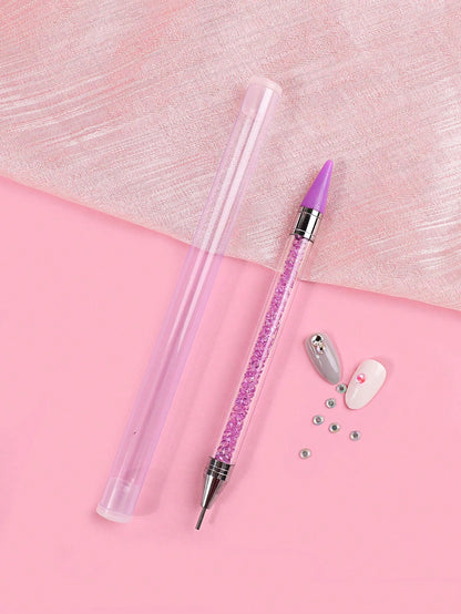 1Pc Nail Art Rhinestone Picker Wax Pen With Self-Adhesive & Dual Heads For Diy Jewelry Making, Purple Dotting Pen Tool Nail Art Tip Dot Paint Manicure