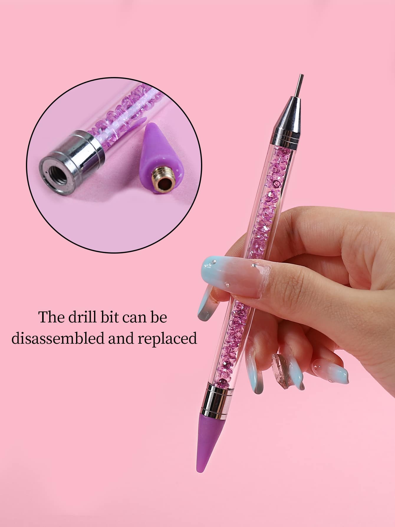 1Pc Nail Art Rhinestone Picker Wax Pen With Self-Adhesive & Dual Heads For Diy Jewelry Making, Purple Dotting Pen Tool Nail Art Tip Dot Paint Manicure