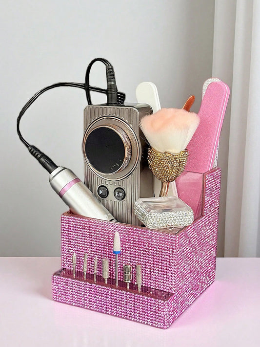 1pc Nail Tool Storage Box, High Capacity, Transparent Material With Glitter Decoration, Luxurious Sparkling Style, Fully Rhinestone Patterned, Square Multilayer 3D Design, With Multiple Tool Slots And