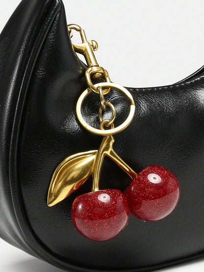 1pc New Fall Fashion Crescent-Shaped Armpit Bag, Cute Cherry Decor, Vintage Style Underarm Pouch, Suitable For Various Occasions