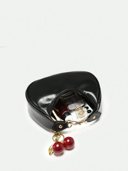 1pc New Fall Fashion Crescent-Shaped Armpit Bag, Cute Cherry Decor, Vintage Style Underarm Pouch, Suitable For Various Occasions