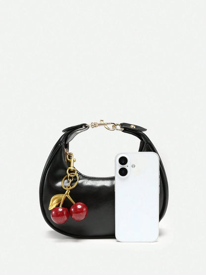 1pc New Fall Fashion Crescent-Shaped Armpit Bag, Cute Cherry Decor, Vintage Style Underarm Pouch, Suitable For Various Occasions