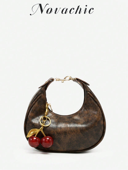 1pc New Fall Fashion Crescent-Shaped Armpit Bag, Cute Cherry Decor, Vintage Style Underarm Pouch, Suitable For Various Occasions