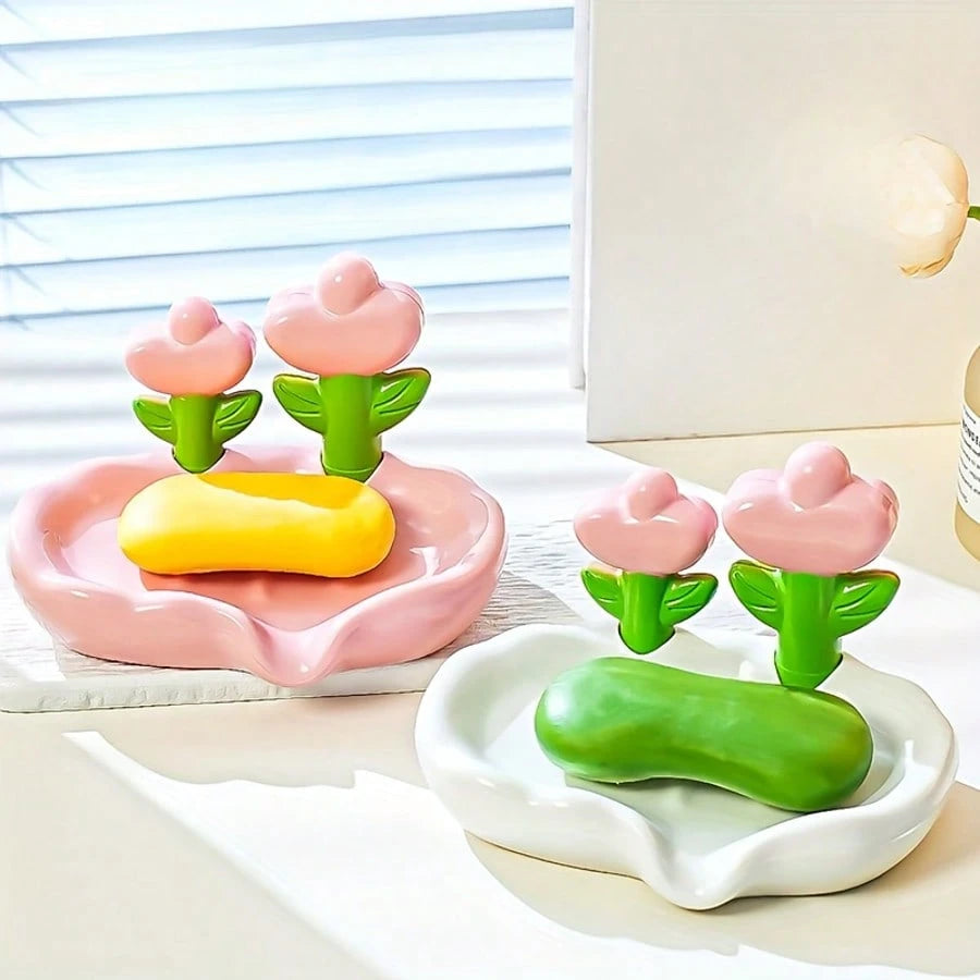 1pc Portable No-Drill Plastic Flower Soap Dish, Suitable For Bathroom And Hotel Sink To Hold Handmade Soap