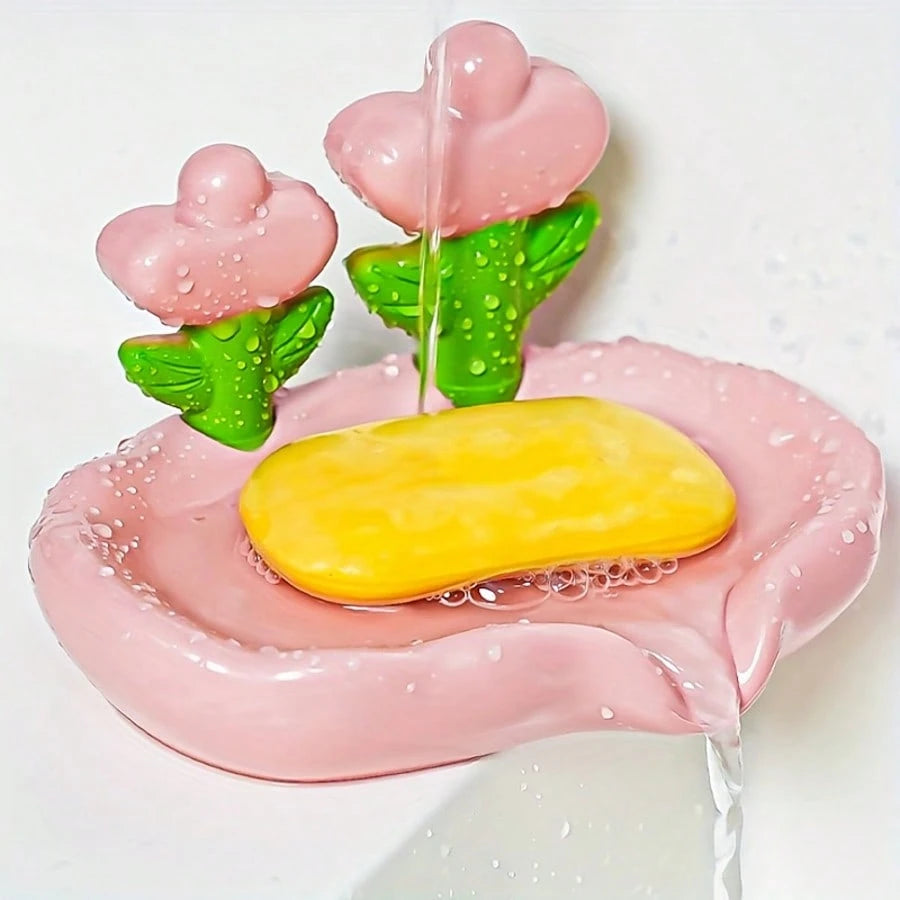 1pc Portable No-Drill Plastic Flower Soap Dish, Suitable For Bathroom And Hotel Sink To Hold Handmade Soap