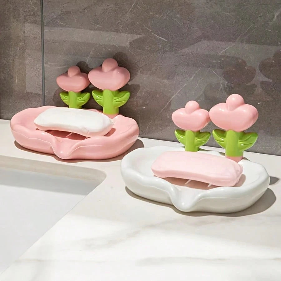 1pc Portable No-Drill Plastic Flower Soap Dish, Suitable For Bathroom And Hotel Sink To Hold Handmade Soap