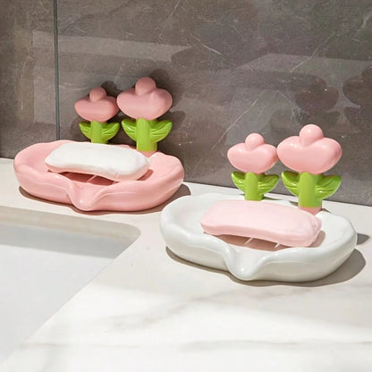 1pc Portable No-Drill Plastic Flower Soap Dish, Suitable For Bathroom And Hotel Sink To Hold Handmade Soap