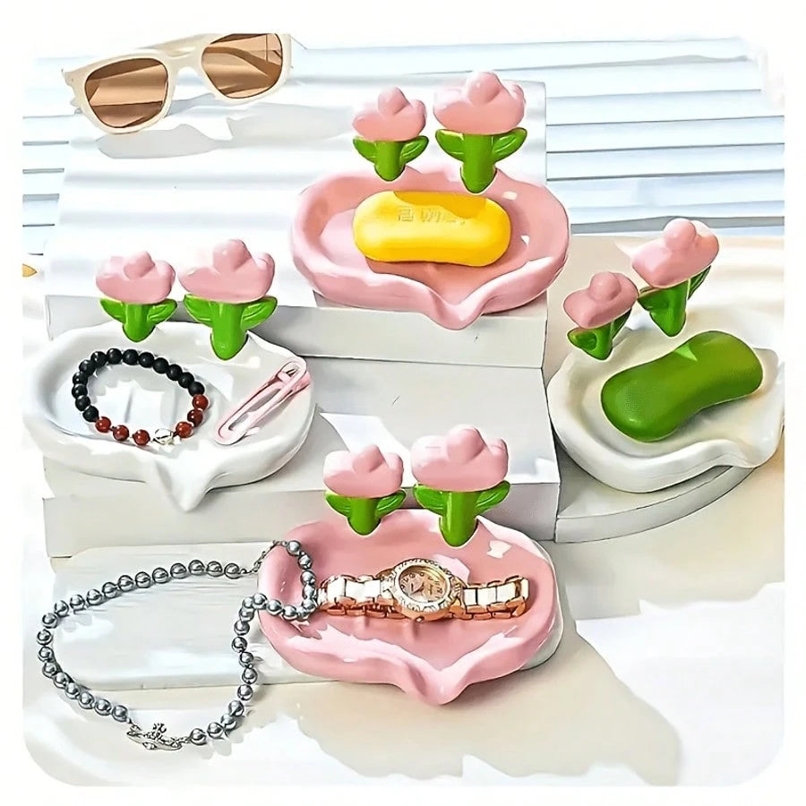 1pc Portable No-Drill Plastic Flower Soap Dish, Suitable For Bathroom And Hotel Sink To Hold Handmade Soap