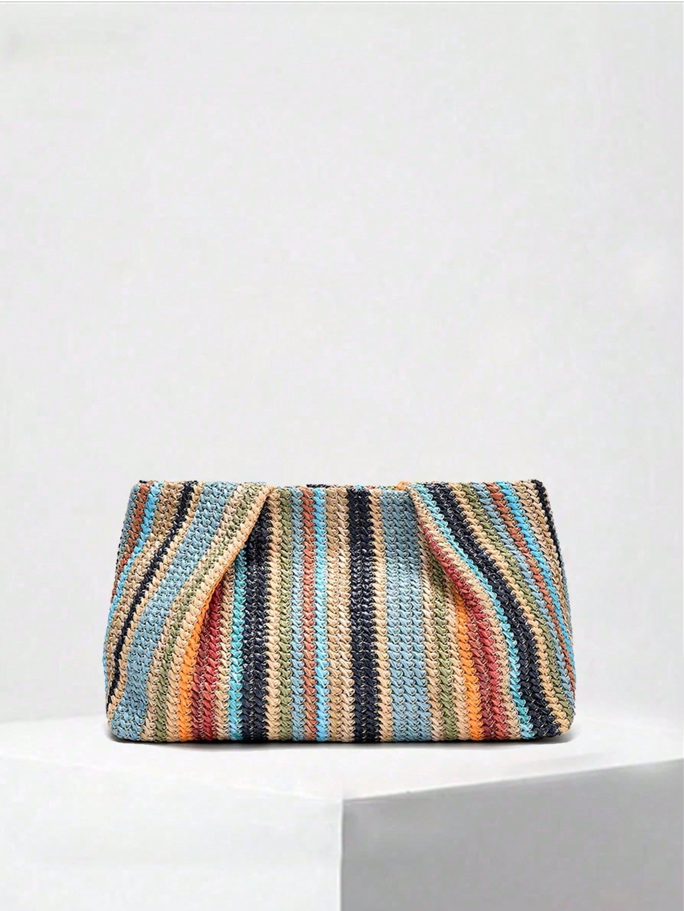 1pc Rainbow Color Woven Clutch Bag, Minimalist & Fashionable, Suitable For Casual/Daily Use