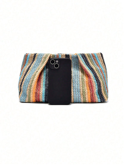 1pc Rainbow Color Woven Clutch Bag, Minimalist & Fashionable, Suitable For Casual/Daily Use