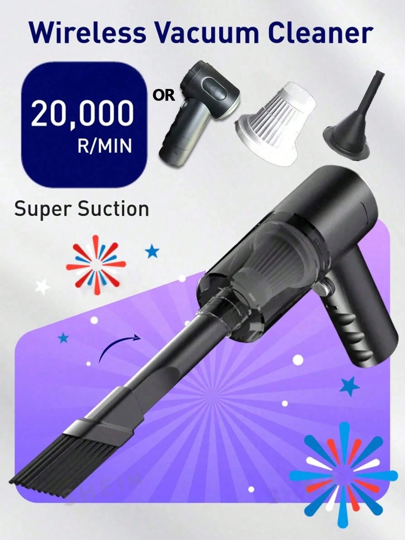 1pc Rechargeable Wireless Car Vacuum Cleaner, With Dual Filtration, Strong Suction, Portable Handheld Mini Dust Blower, Suitable For Home And Car
