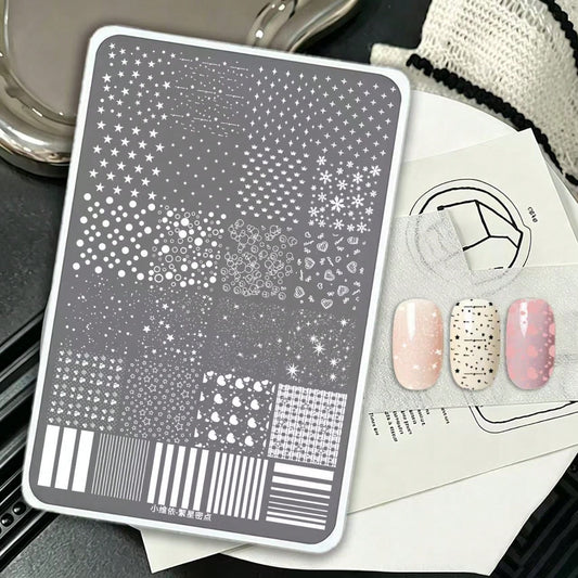 1pc Rectangular Nail Art Stamping Plate, Silver Gray Base With White Pattern, Starry Dot Nail Transfer Plate, Star Moon Snowflake Heart Print Template, Multi-Element Combination Pattern With Clear Eng