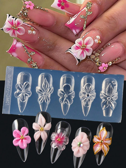 1pc Reusable Silicone Mold For Nail Art, High Relief Flower Petal, Orchid, Cherry Blossom Design, Nail Gel Printing Template, Salon Nail Art Supplies, Spring