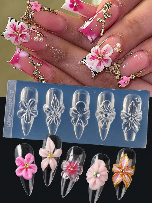 1pc Reusable Silicone Nail Art Mold, High Relief Petal, Orchid & Cherry Blossom Pattern, Nail Gel Stamping Template, Nail Salon Supplies, Spring