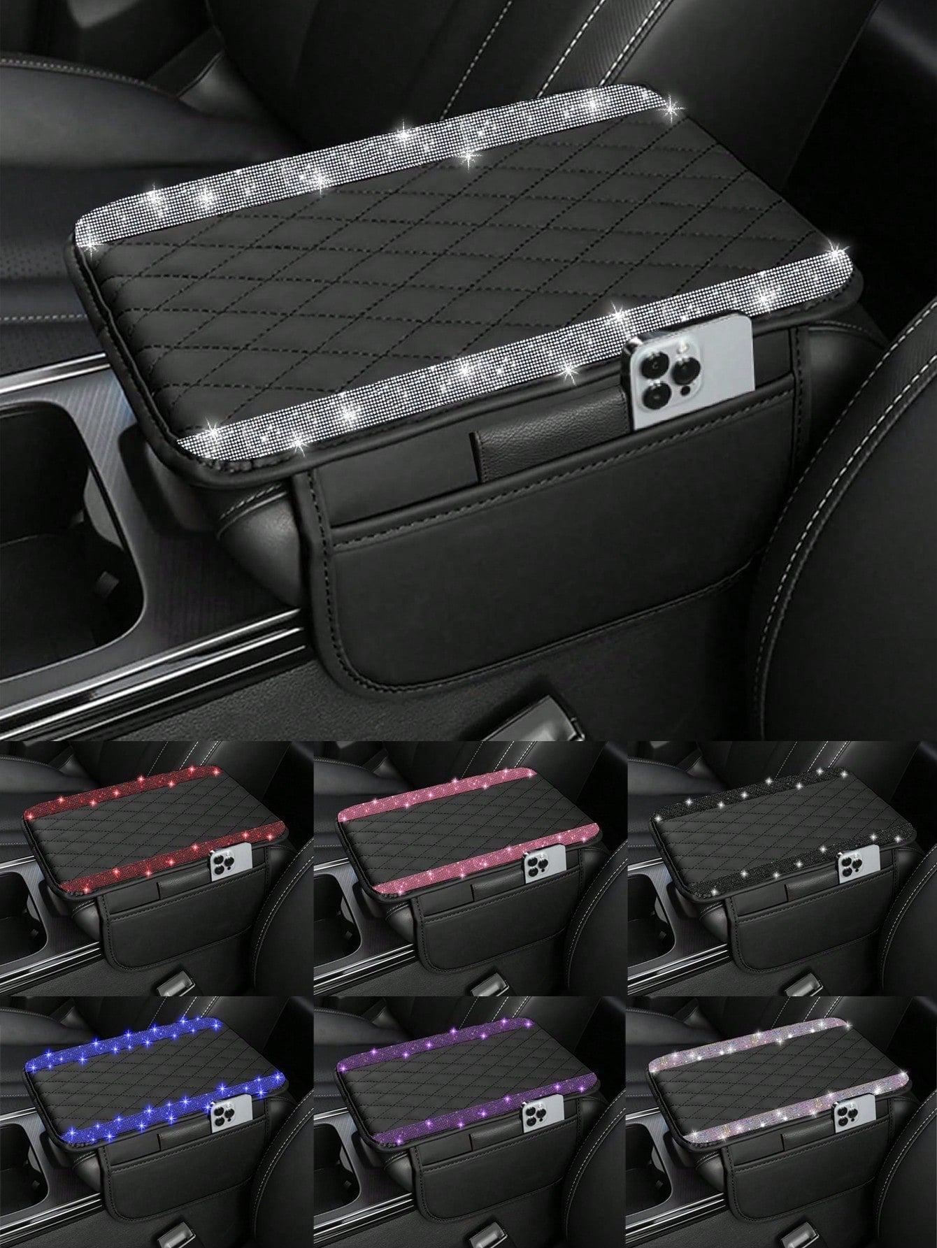 1pc Shiny Car Center Console Cover, Genuine Leather Car Armrest Pad With 2 Storage Pockets, Universal Car Armrest Protector Storage Box, Shiny Interior Accessory, Fits Most Vehicles