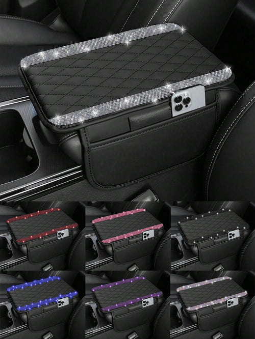 1pc Shiny Car Center Console Cover, Genuine Leather Car Armrest Pad With 2 Storage Pockets, Universal Car Armrest Protector Storage Box, Shiny Interior Accessory, Fits Most Vehicles
