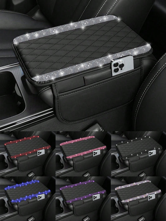 1pc Shiny Car Center Console Cover, Genuine Leather Car Armrest Pad With 2 Storage Pockets, Universal Car Armrest Protector Storage Box, Shiny Interior Accessory, Fits Most Vehicles
