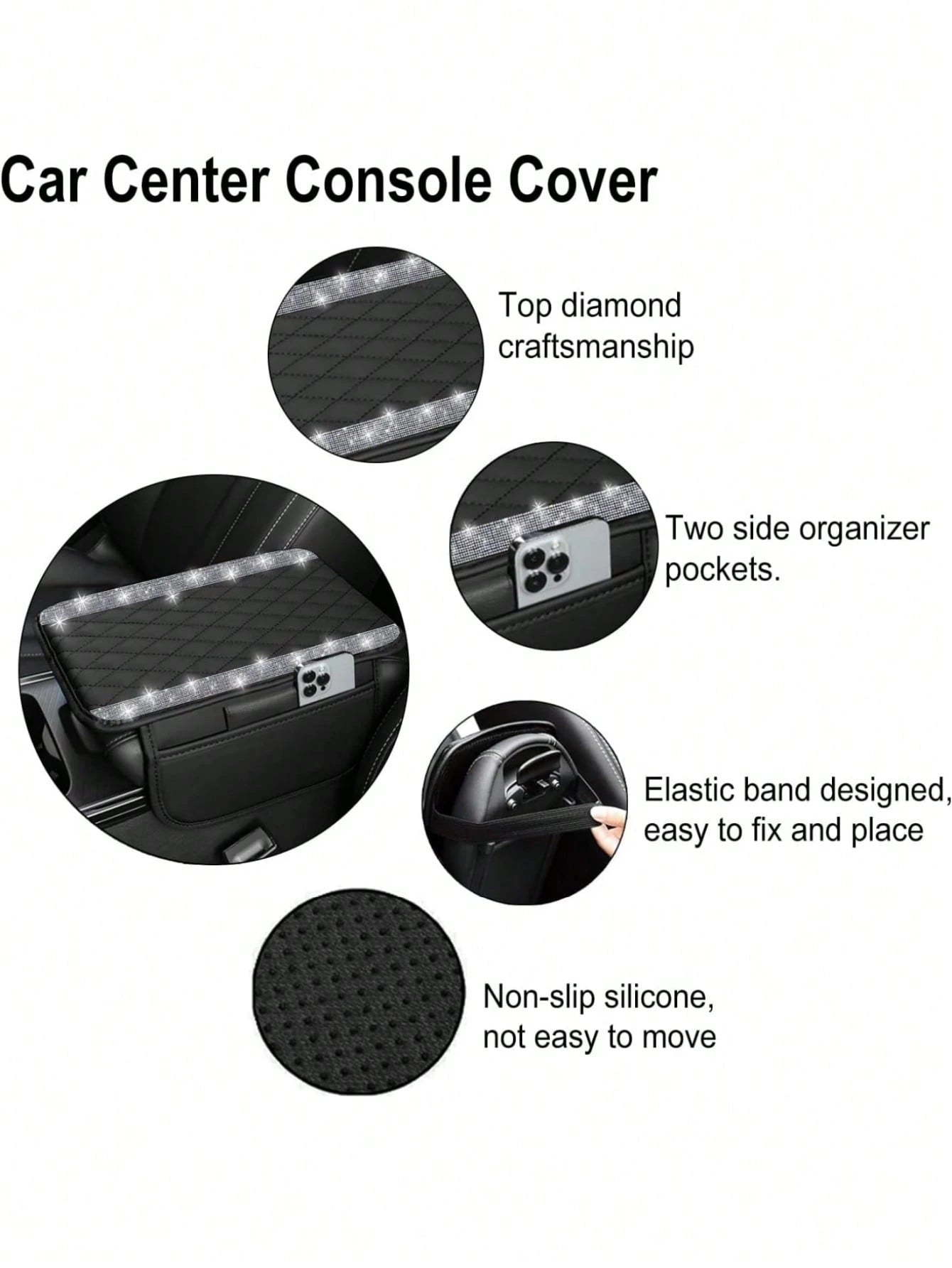 1pc Shiny Car Center Console Cover, Genuine Leather Car Armrest Pad With 2 Storage Pockets, Universal Car Armrest Protector Storage Box, Shiny Interior Accessory, Fits Most Vehicles