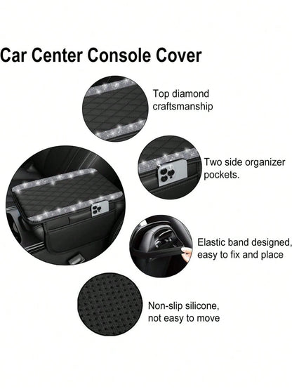 1pc Shiny Car Center Console Cover, Genuine Leather Car Armrest Pad With 2 Storage Pockets, Universal Car Armrest Protector Storage Box, Shiny Interior Accessory, Fits Most Vehicles