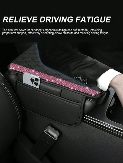 1pc Shiny Car Center Console Cover, Genuine Leather Car Armrest Pad With 2 Storage Pockets, Universal Car Armrest Protector Storage Box, Shiny Interior Accessory, Fits Most Vehicles
