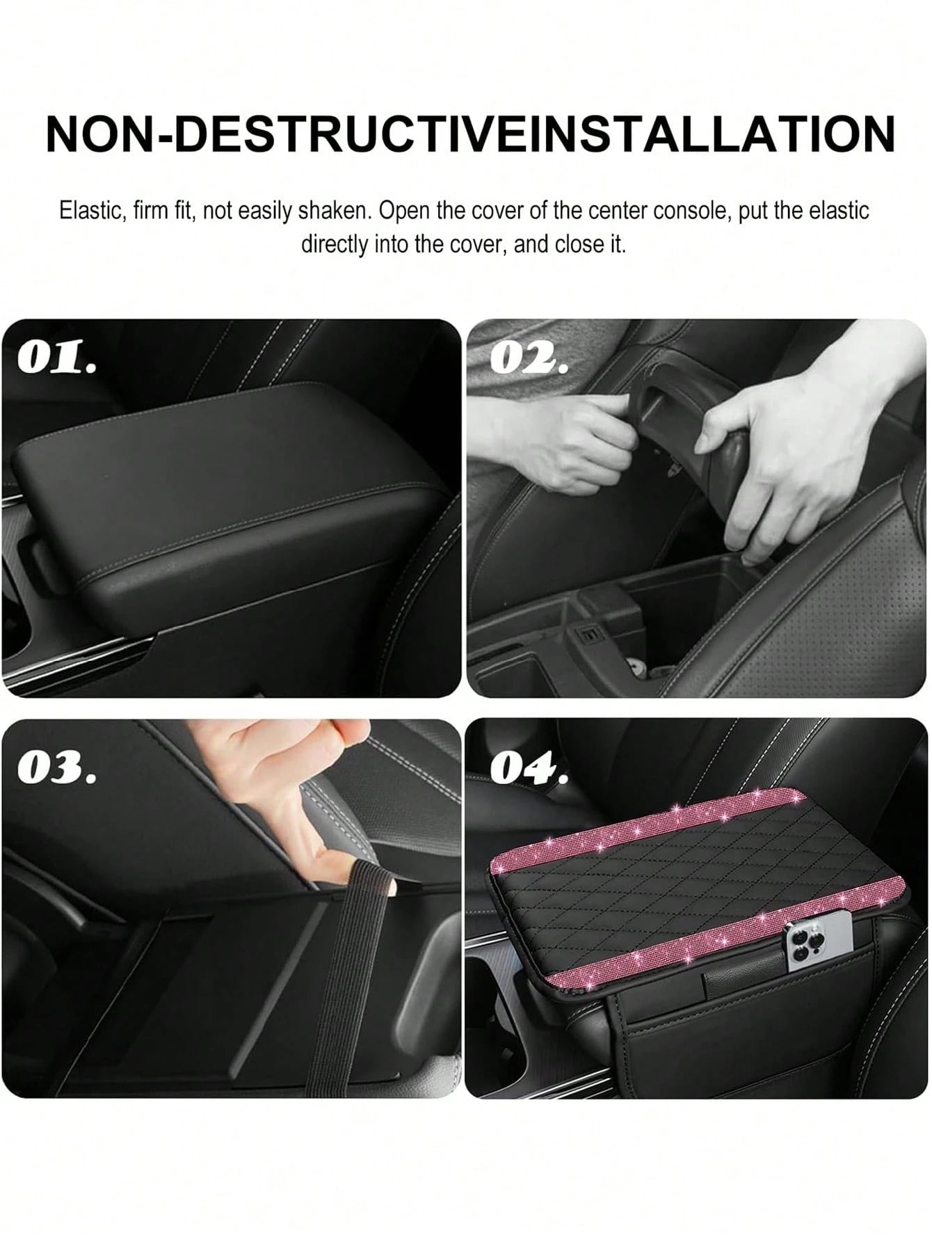 1pc Shiny Car Center Console Cover, Genuine Leather Car Armrest Pad With 2 Storage Pockets, Universal Car Armrest Protector Storage Box, Shiny Interior Accessory, Fits Most Vehicles