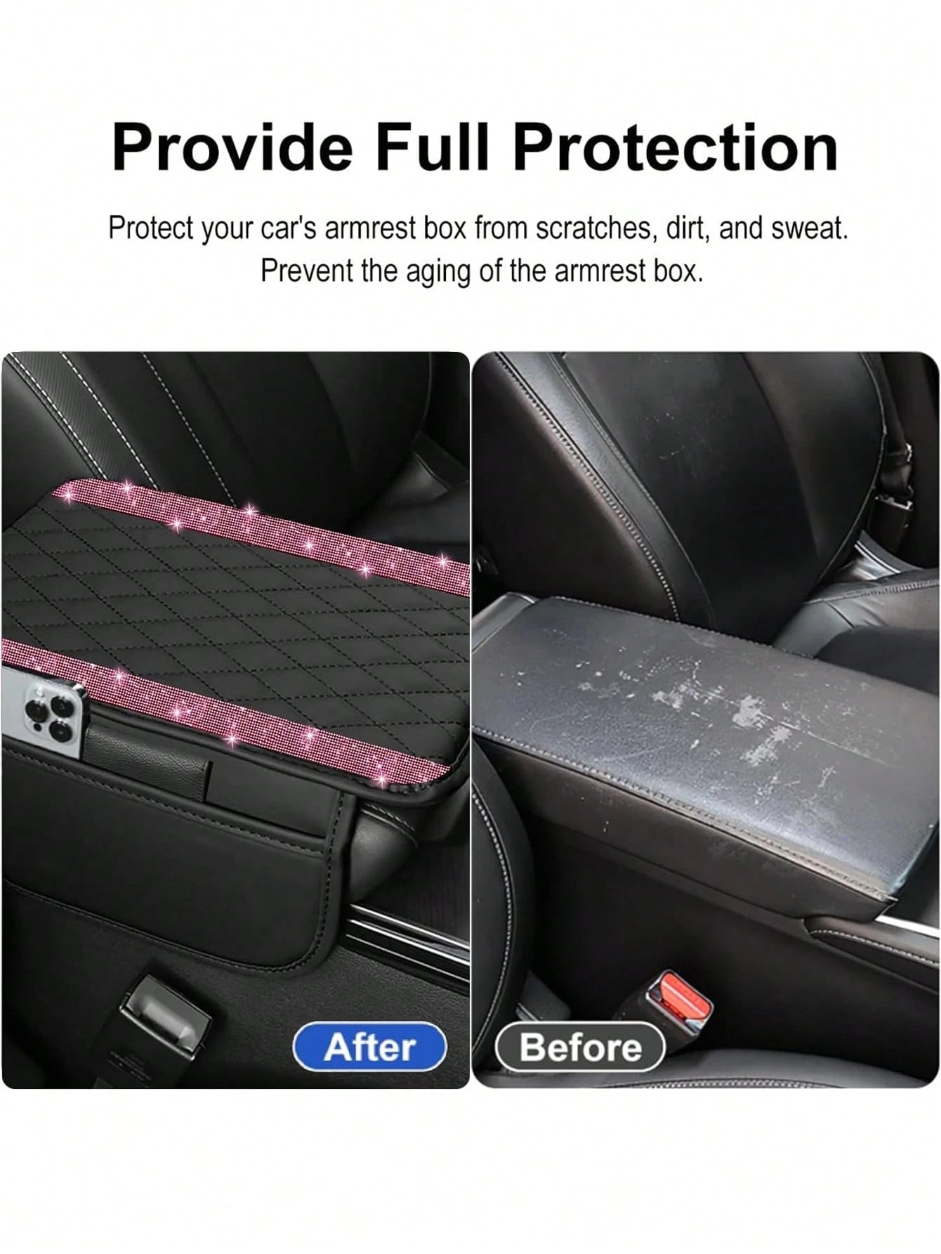 1pc Shiny Car Center Console Cover, Genuine Leather Car Armrest Pad With 2 Storage Pockets, Universal Car Armrest Protector Storage Box, Shiny Interior Accessory, Fits Most Vehicles
