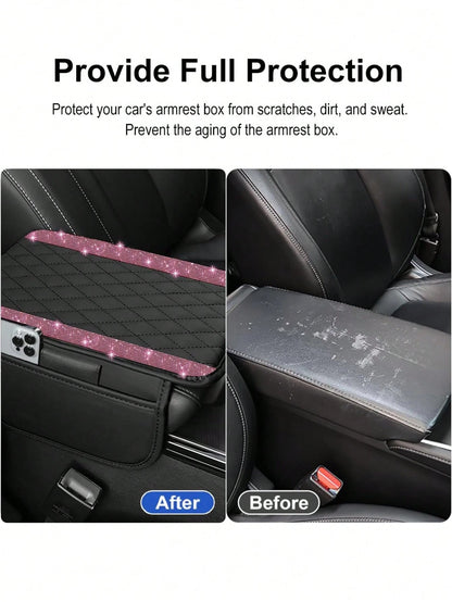 1pc Shiny Car Center Console Cover, Genuine Leather Car Armrest Pad With 2 Storage Pockets, Universal Car Armrest Protector Storage Box, Shiny Interior Accessory, Fits Most Vehicles