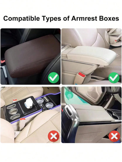 1pc Shiny Car Center Console Cover, Genuine Leather Car Armrest Pad With 2 Storage Pockets, Universal Car Armrest Protector Storage Box, Shiny Interior Accessory, Fits Most Vehicles