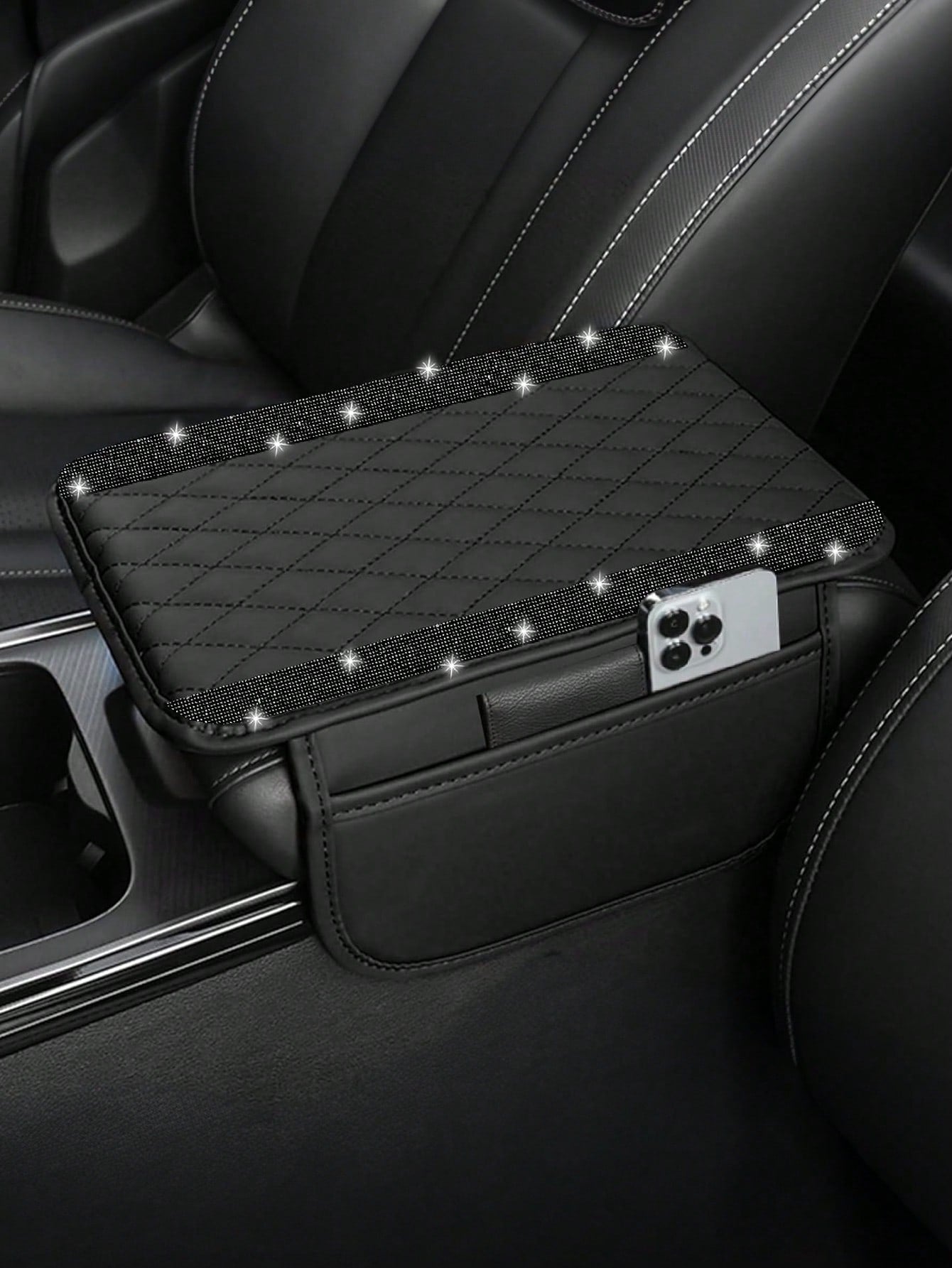 1pc Shiny Car Center Console Cover, Genuine Leather Car Armrest Pad With 2 Storage Pockets, Universal Car Armrest Protector Storage Box, Shiny Interior Accessory, Fits Most Vehicles