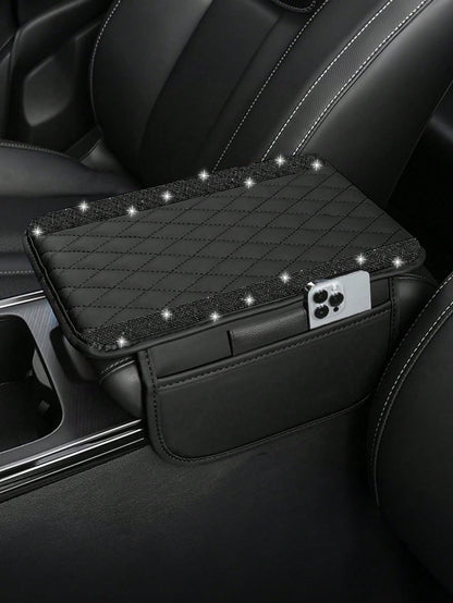 1pc Shiny Car Center Console Cover, Genuine Leather Car Armrest Pad With 2 Storage Pockets, Universal Car Armrest Protector Storage Box, Shiny Interior Accessory, Fits Most Vehicles