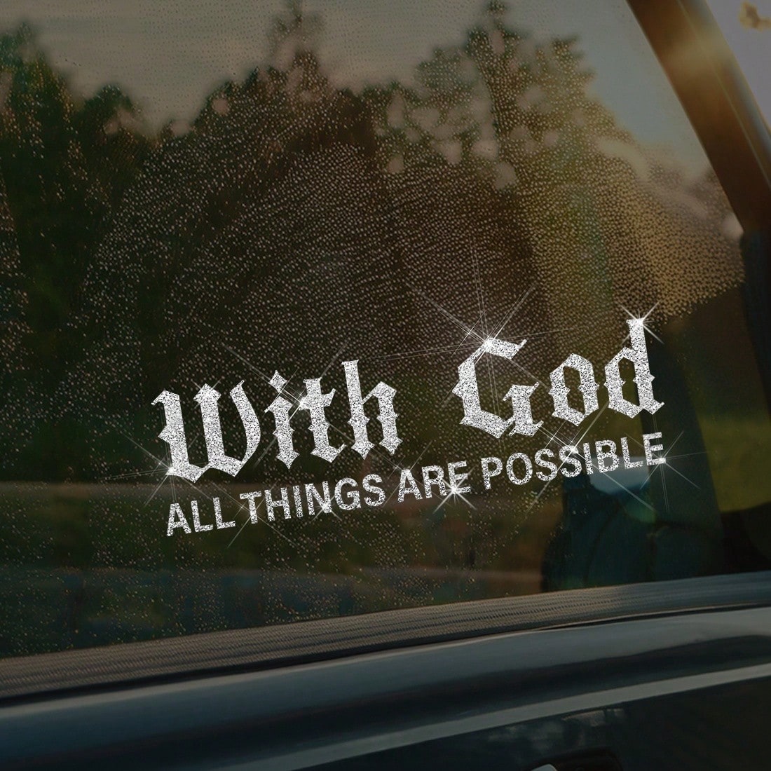 1pc Shiny Sticker "With God, Everything Is Possible"- Suitable For Car, Motorcycle, Truck, Laptop, Wall, Colorful Glitter No-Residue Sticker, Inspired By Religious Quote, Elegant Font Design, Seamles
