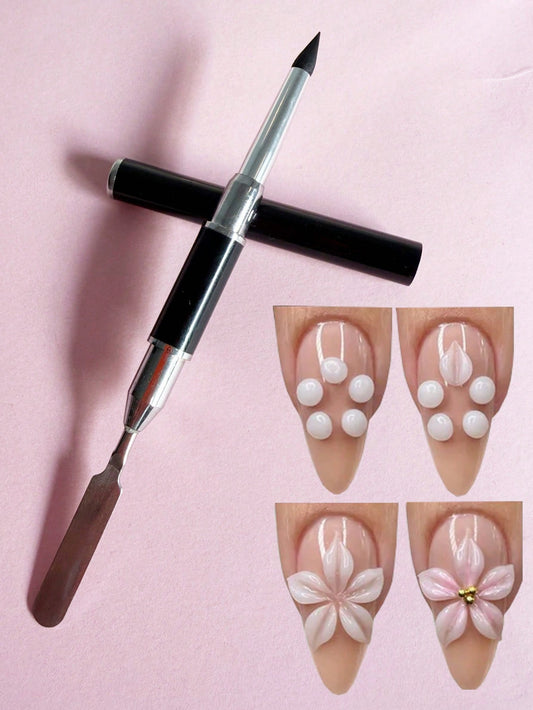 1pc Silicone Nail Art Carving Pen, Suitable For Acrylic 3D Flower Carving And Shaping, 2-In-1 Silicone Nail Tool, Can Scrape, Cut, Sculpt And Brush