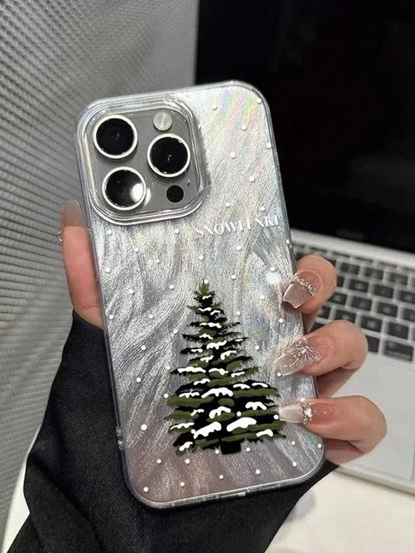 1pc Silver Winter Snowy Pine Tree Christmas Tree Print Phone Case Compatible With Apple 18Promax/11/12/13/14plus/15/16/17pro