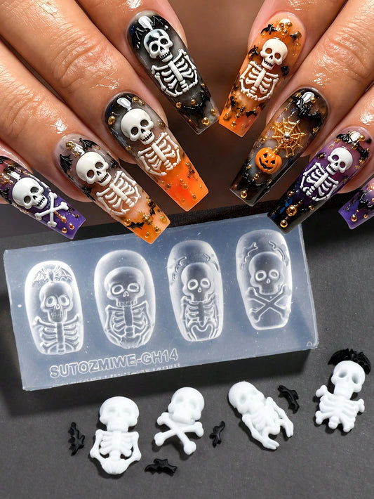 1pc Skeleton Rib Bat Nail Silicone Mold, Mini Skull Crossbone Bat Wing Nail Charm Resin Mould Template, Dark Punk Nail Art Supplies For DIY Festival Halloween Nail Charms Decorations