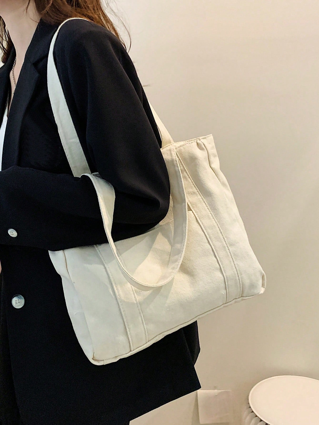 1pc Solid Color Canvas Shoulder Bag For Women, Spring & Summer Style, Large Capacity, Casual & Tote Bag