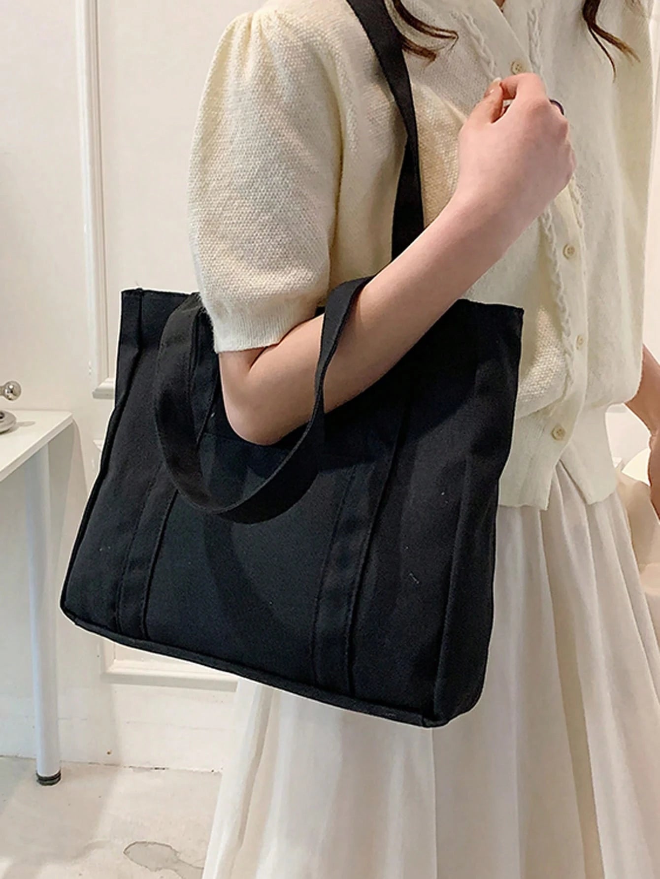 1pc Solid Color Canvas Shoulder Bag For Women, Spring & Summer Style, Large Capacity, Casual & Tote Bag