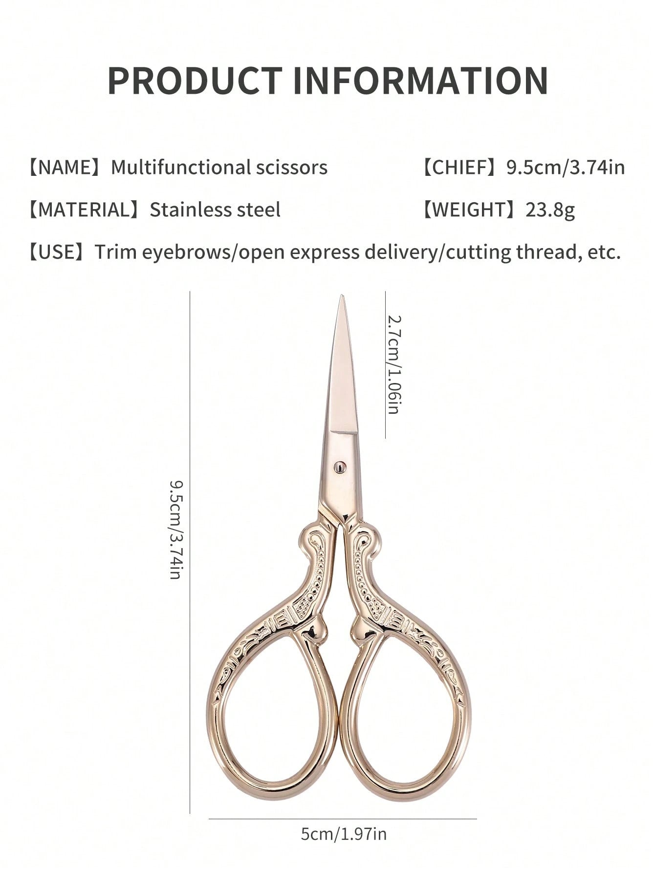 1pc Stainless Steel Gold Straight Tip Precision Scissors, Multipurpose Vintage Beauty Embroidery Trimming Scissors Suitable For Facial Hair, Eyebrow, Eyelash, Mustache, Nose- Perfect For Home, Travel