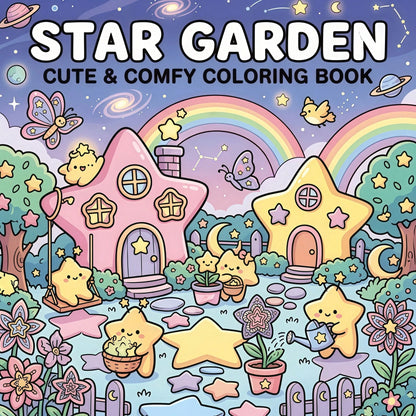 1pc Star Garden Coloring Book, Creative Relaxation, Stress Relief, Cute Healing Theme, Dreamy Star Cottage Garden Fairy Cartoon Coloring Book, Illustrations, Back To School, Birthday Holiday Party Gif