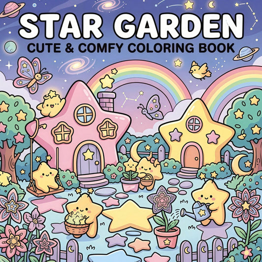 1pc Star Garden Coloring Book, Creative Relaxation, Stress Relief, Cute Healing Theme, Dreamy Star Cottage Garden Fairy Cartoon Coloring Book, Illustrations, Back To School, Birthday Holiday Party Gif
