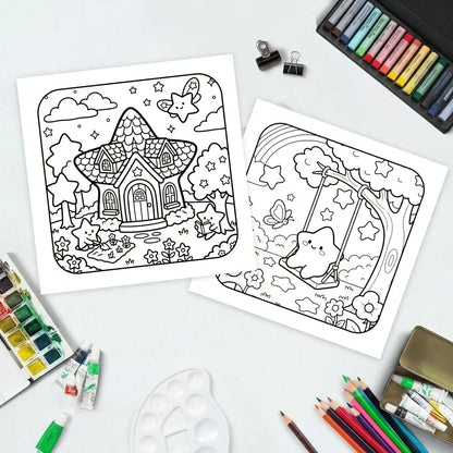1pc Star Garden Coloring Book, Creative Relaxation, Stress Relief, Cute Healing Theme, Dreamy Star Cottage Garden Fairy Cartoon Coloring Book, Illustrations, Back To School, Birthday Holiday Party Gif