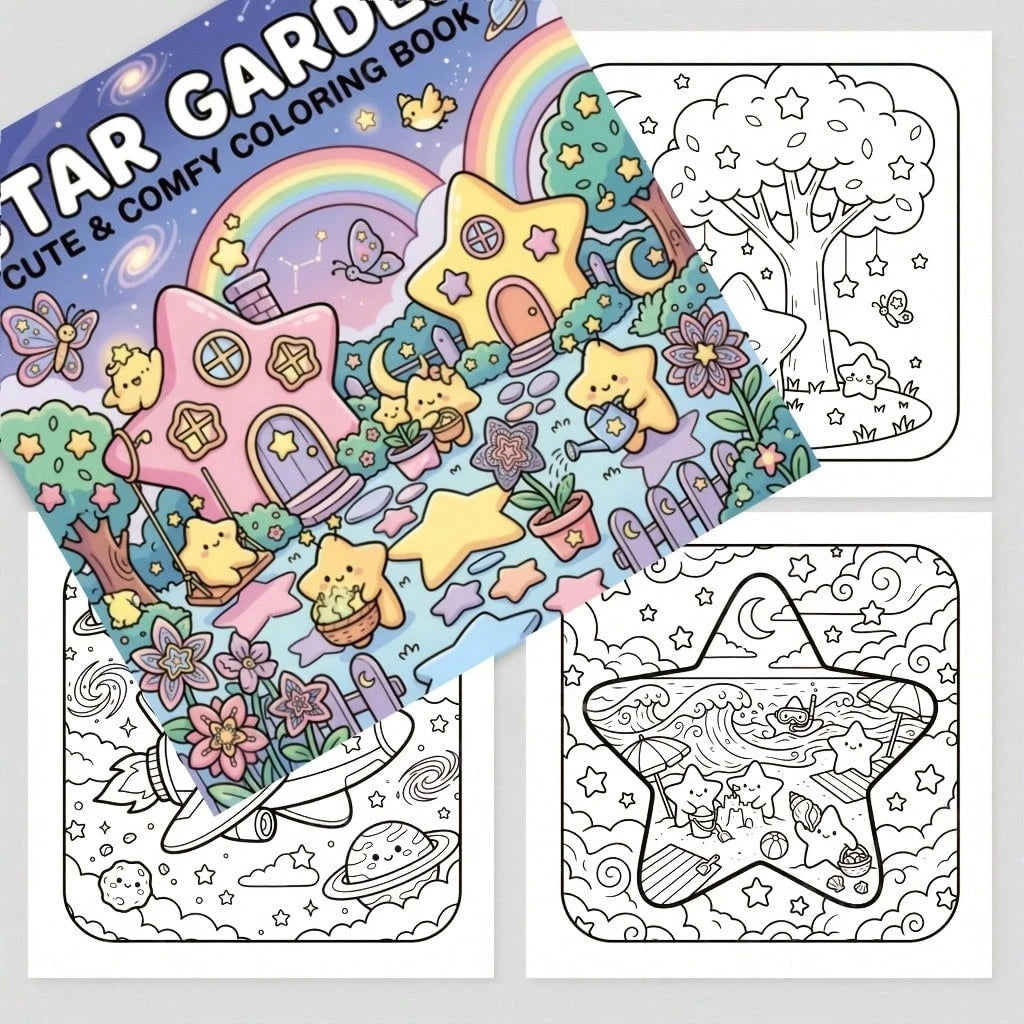 1pc Star Garden Coloring Book, Creative Relaxation, Stress Relief, Cute Healing Theme, Dreamy Star Cottage Garden Fairy Cartoon Coloring Book, Illustrations, Back To School, Birthday Holiday Party Gif