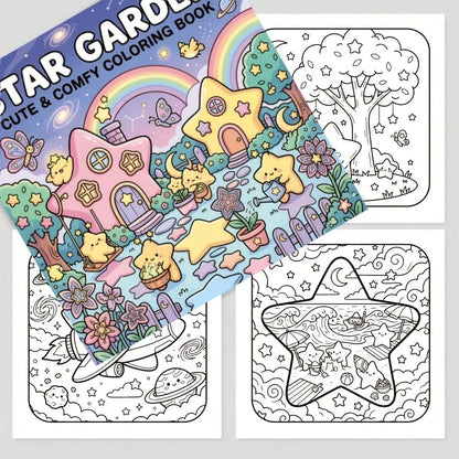 1pc Star Garden Coloring Book, Creative Relaxation, Stress Relief, Cute Healing Theme, Dreamy Star Cottage Garden Fairy Cartoon Coloring Book, Illustrations, Back To School, Birthday Holiday Party Gif
