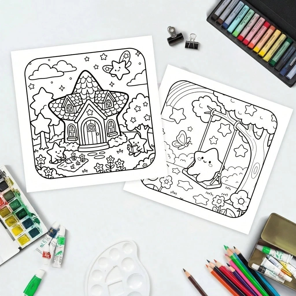 1pc Star Garden Coloring Book, Creative Relaxation, Stress Relief, Cute Healing Theme, Dreamy Star Cottage Garden Fairy Cartoon Coloring Book, Illustrations, Back To School, Birthday Holiday Party Gif