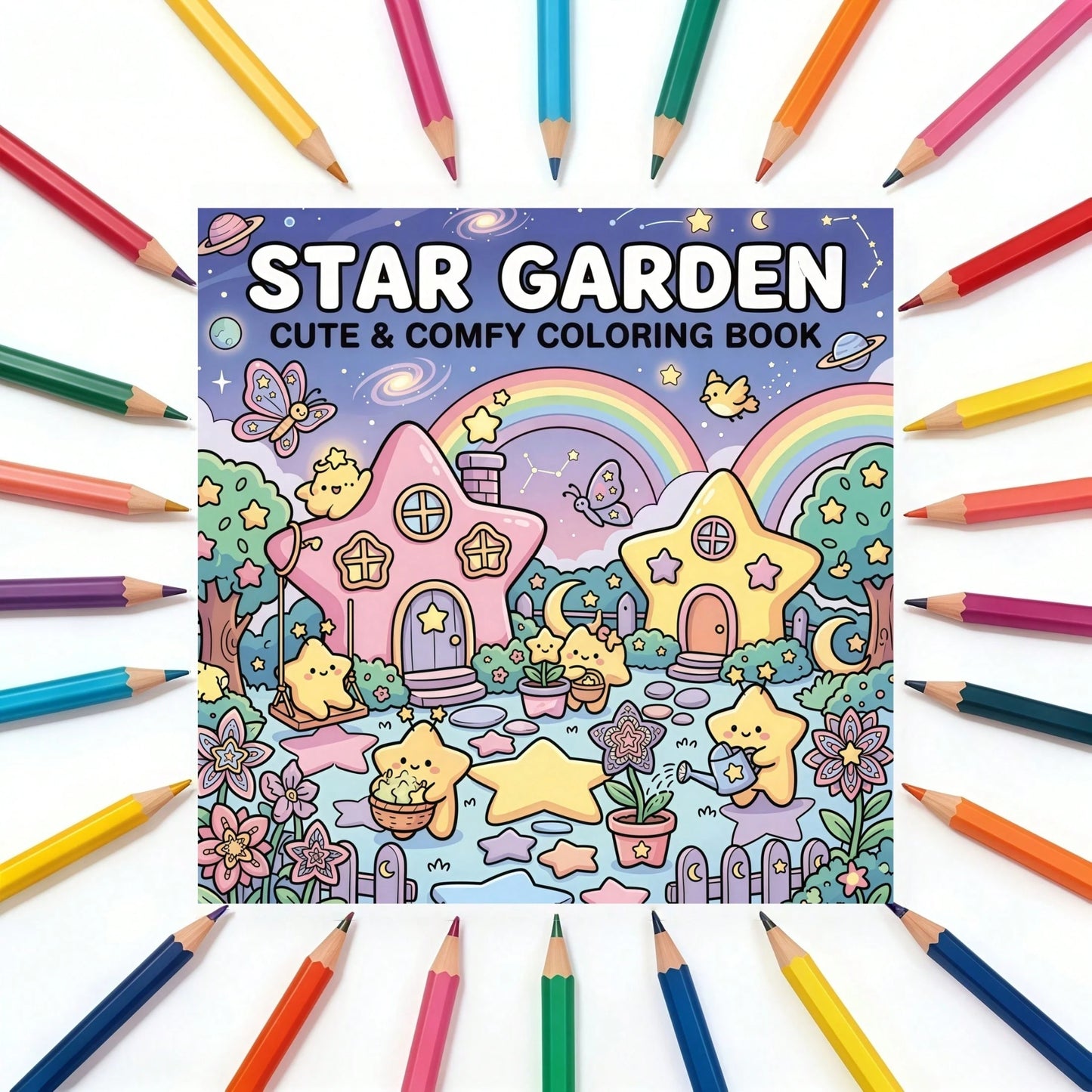 1pc Star Garden Coloring Book, Creative Relaxation, Stress Relief, Cute Healing Theme, Dreamy Star Cottage Garden Fairy Cartoon Coloring Book, Illustrations, Back To School, Birthday Holiday Party Gif