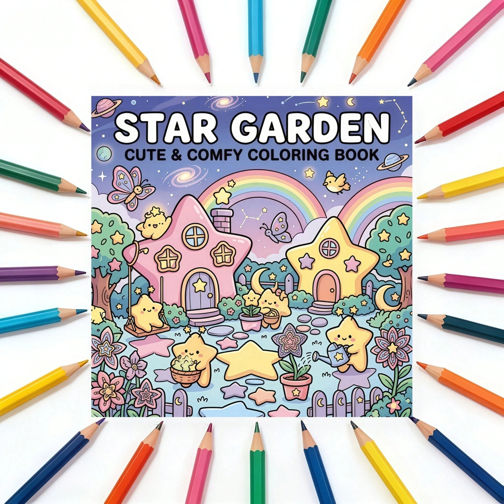 1pc Star Garden Coloring Book, Creative Relaxation, Stress Relief, Cute Healing Theme, Dreamy Star Cottage Garden Fairy Cartoon Coloring Book, Illustrations, Back To School, Birthday Holiday Party Gif