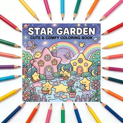 1pc Star Garden Coloring Book, Creative Relaxation, Stress Relief, Cute Healing Theme, Dreamy Star Cottage Garden Fairy Cartoon Coloring Book, Illustrations, Back To School, Birthday Holiday Party Gif