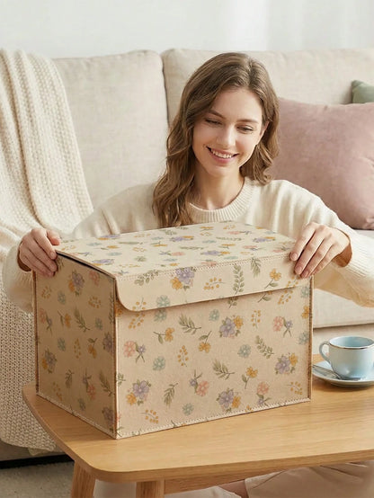 1pc Storage Box, Storage Bin, Organizer Box, Large Capacity Felt Storage Container, Floral Print Design, Baby Room Organization Essential, Easily Store Baby Clothes, Blankets, Bedding, Sundries, Can B