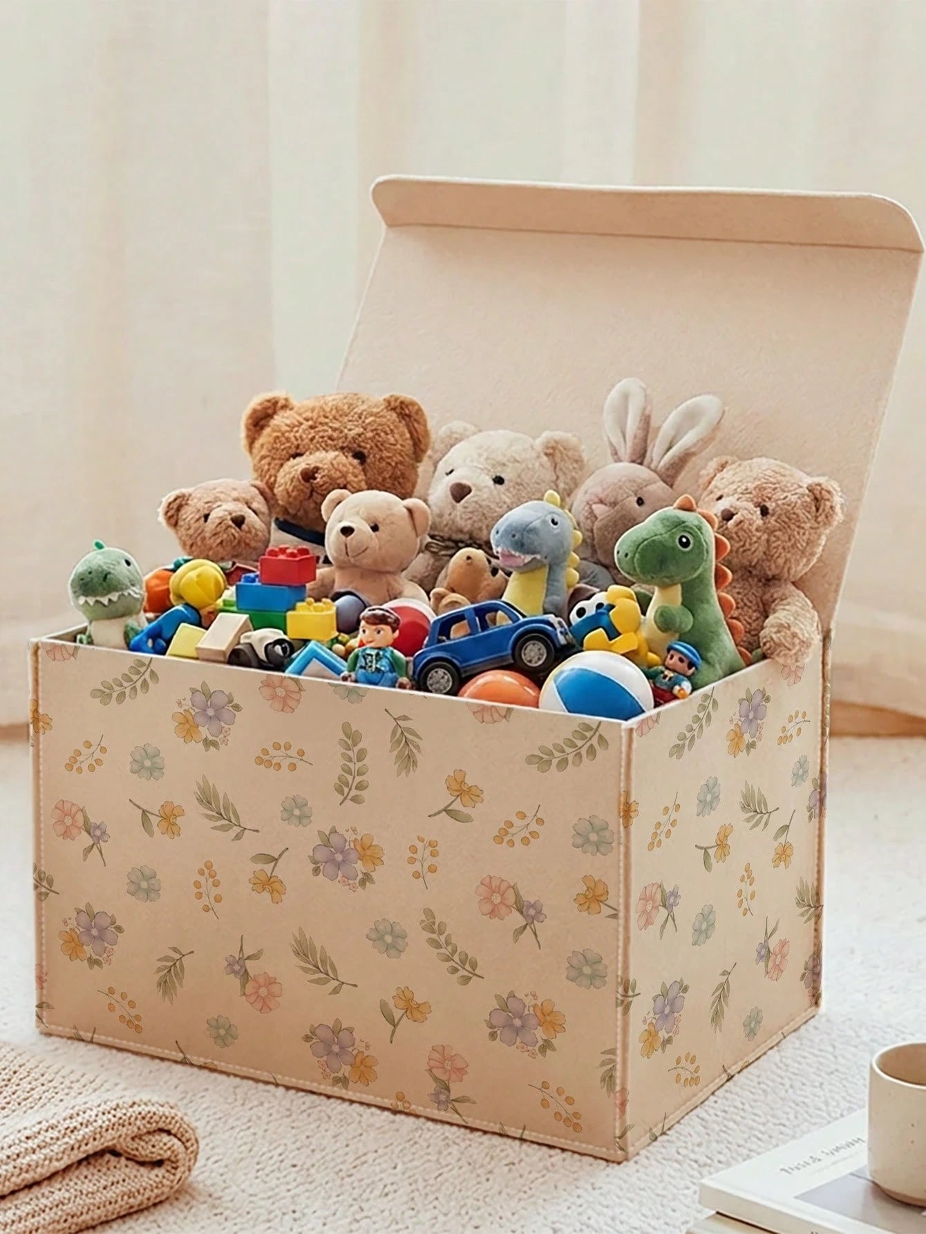 1pc Storage Box, Storage Bin, Organizer Box, Large Capacity Felt Storage Container, Floral Print Design, Baby Room Organization Essential, Easily Store Baby Clothes, Blankets, Bedding, Sundries, Can B