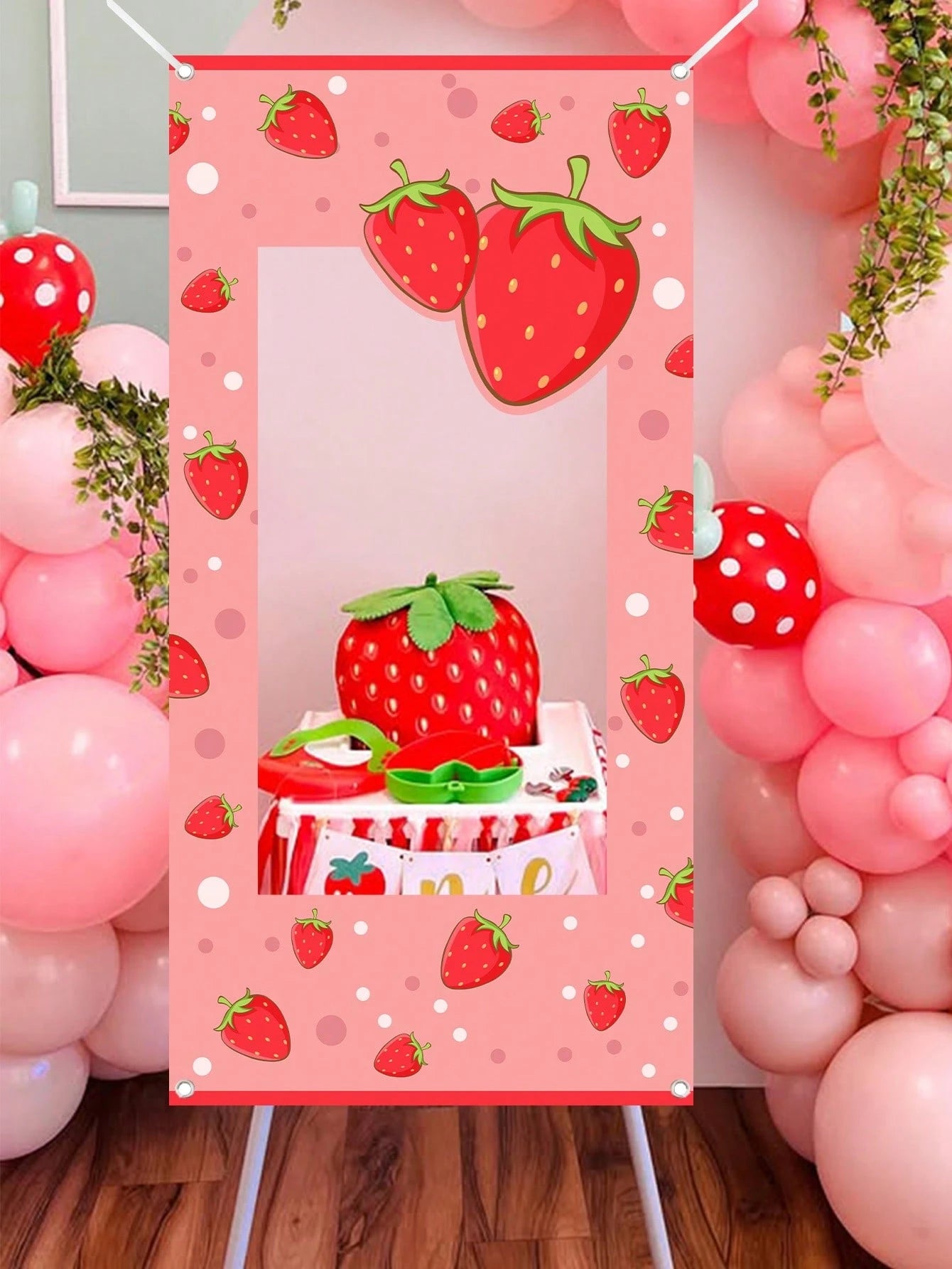 1pc Strawberry Photo Booth Backdrop 120x60cm Polka Dots Photo Booth Frame Girls First Birthday Party Supplies Baby Shower Party Photo Background Decor